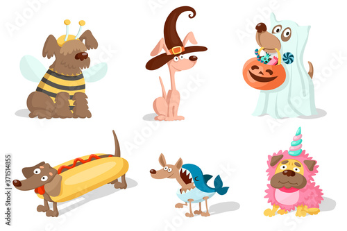 Cute cartoon dogs in carnival costumes for halloween, purim or christmas. Set of vector illustrations isolated on white background. © Veronika