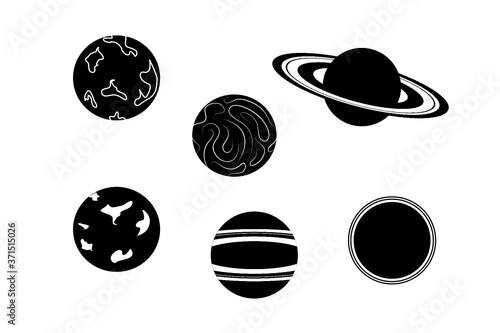 Planet icons set. Variety of imaginary and real astronomical bodies outlines.  Vector.