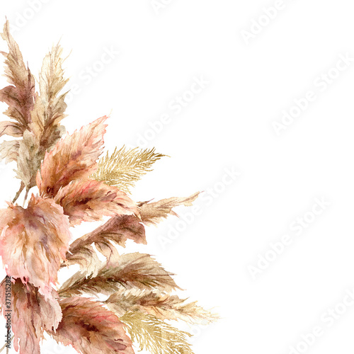 Tableau sur toile Watercolor tropical border with dry pampas grass and gold textures