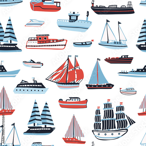 Water transport: boat, ship, yacht vector hand drawn doodle seamless pattern