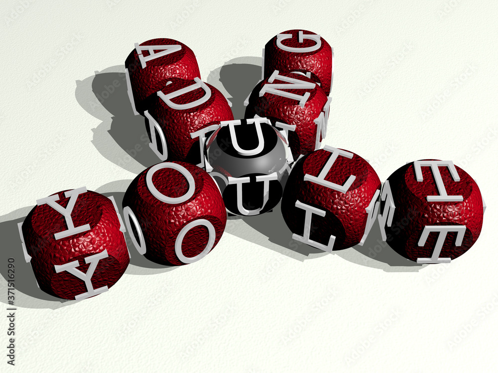 kids: young adult curved crossword of cubic dice letters - 3D illustration for woman and beautiful