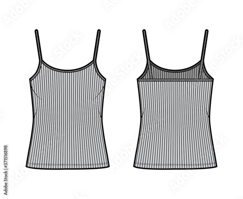Ribbed camisole technical fashion illustration with scoop neck, oversized knit body, tunic length. Flat outwear basic tank apparel template front back grey color. Women men unisex shirt top CAD mockup