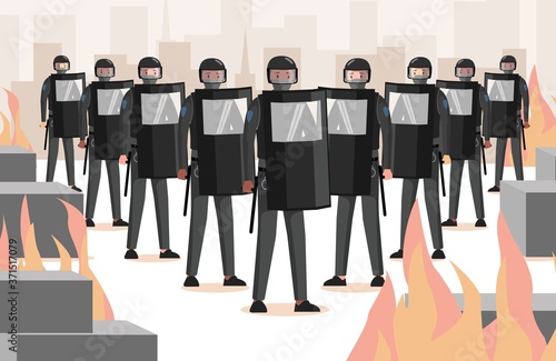 Police officers in uniform, with helmets, shields and clubs vector flat illustration. Police workers protect city against injustice and destruction during people demonstrations.