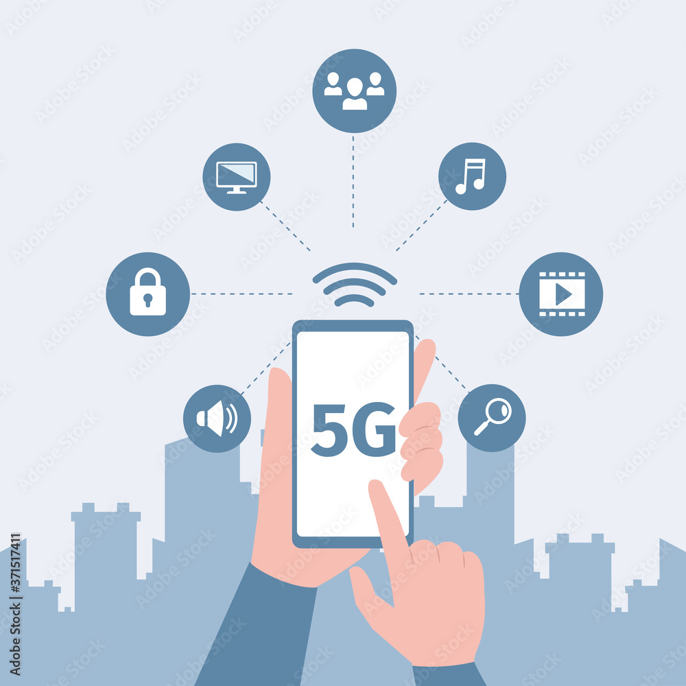 Hands holding smartphone with fast 5G network wireless technology and get access to multimedia, internet vector flat poster template. Smart city, high speed 5G connection concept. Hands holding smartphone with fast 5G network wireless technology and get access to multimedia, internet vector flat poster template. Smart city, high speed 5G connection concept.