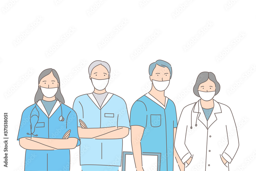 Group of medical workers in protective face masks standing together cartoon outline illustration isolated on white background. Doctors and nurses in uniform vector concept. Group of medical workers in protective face masks standing together cartoon outline illustration isolated on white background. Doctors and nurses in uniform vector concept.