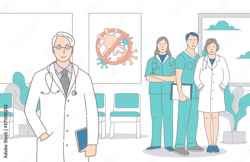 Doctors, nurses, and medical workers standing together in the hospital vector cartoon outline illustration. Smiling men and women in uniform working in clinic after pandemic of Coronavirus Covid-19. Doctors, nurses, and medical workers standing together in the hospital vector cartoon outline illustration. Smiling men and women in uniform working in clinic after pandemic of Coronavirus Covid-19.