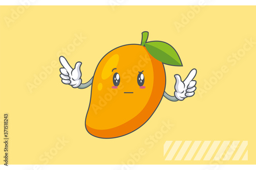 REALLY, ATTENTIVE, Curios Face Emotion. Double Forefinger Handgun Hand Gesture. Yellow Mango Fruit Cartoon Drawing Mascot Illustration.