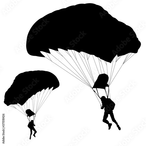 Skydiver, silhouettes parachuting on white background