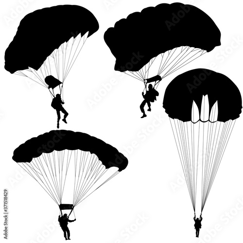 Set skydiver, silhouettes parachuting on white background