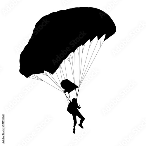 Skydiver, silhouettes parachuting on white background