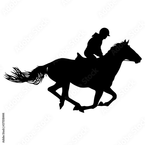 Silhouette of horse and jockey on white background