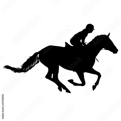 Silhouette of horse and jockey on white background