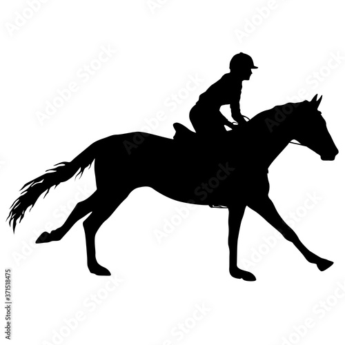 Silhouette of horse and jockey on white background