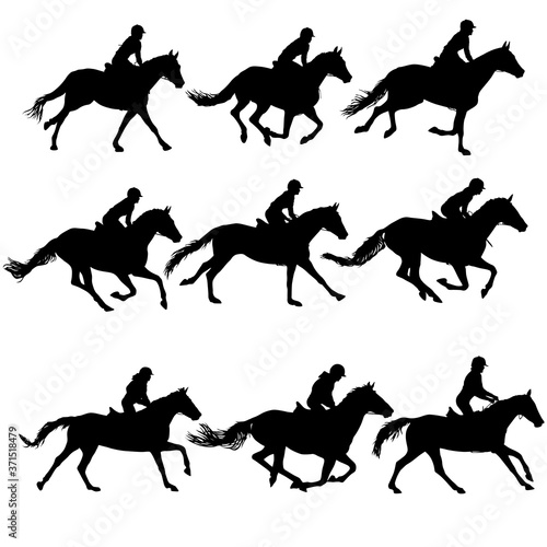 Set silhouette of horse and jockey on white background