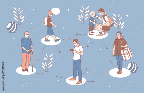 People maintain social distance on public vector cartoon outline illustration. Men and women in protective face masks keeping safe distance outdoor to prevent Coronavirus spreading.