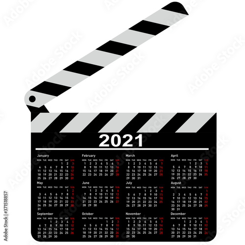 Calendar for 2021, movie clapper board on a white background