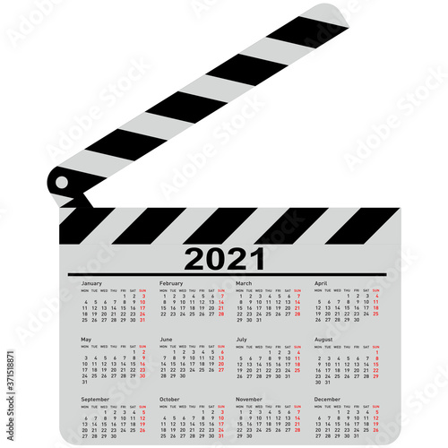 Calendar for 2021, movie clapper board on a white background