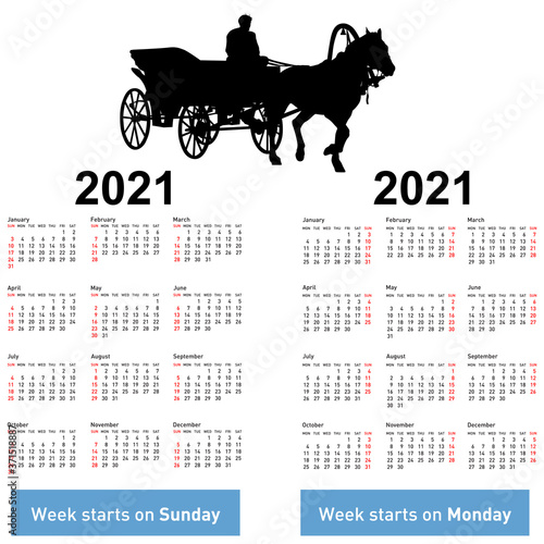 Calendar for 2021 of horse silhouettes isolated on white background