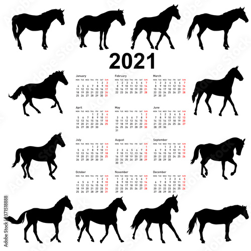 Calendar for 2021 of horse silhouettes isolated on white background