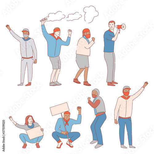 People protesting vector cartoon outline illustration. Angry men holding placards, banners, and loudspeakers and protesting against racism, inequality. Black lives matter concept.
