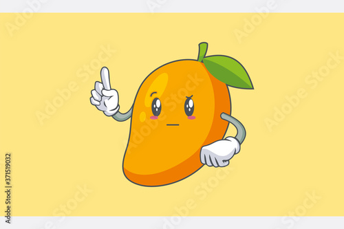 REALLY, ATTENTIVE, Curios Face Emotion. Forefinger Hand Gesture. Yellow Mango Fruit Cartoon Drawing Mascot Illustration.