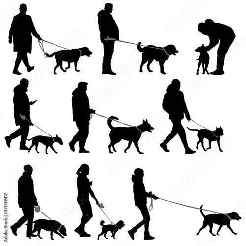 Set silhouette of people and dog on a white background