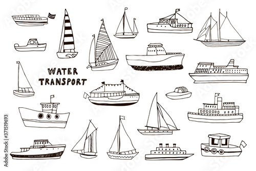 Billede på lærred Water transport: boat, ship, yacht vector hand drawn doodle line illustrations s