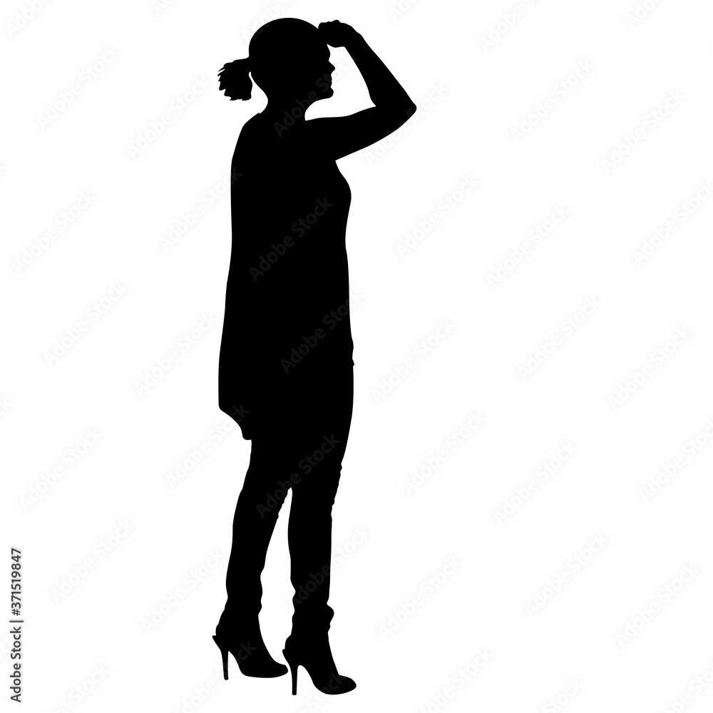 Black silhouettes woman with arm raised on a white background Black silhouettes woman with arm raised on a white background