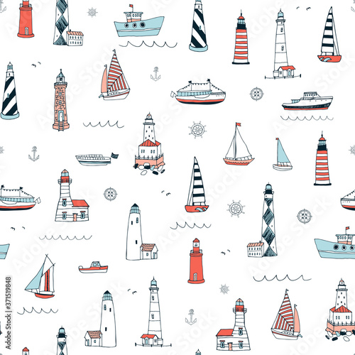Lighthouse and boats sea hand drawn vector seamless pattern