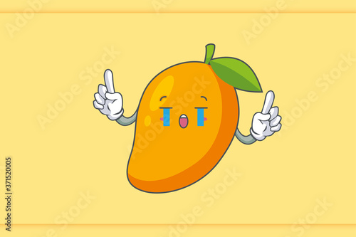 CRYING, SAD, SOB, CRY Face Emotion. Double Forefinger Hand Gesture. Yellow Mango Fruit Cartoon Drawing Mascot Illustration.