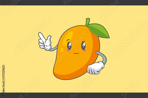 REALLY, ATTENTIVE, Curios Face Emotion. Forefinger Hand Gesture. Yellow Mango Fruit Cartoon Drawing Mascot Illustration.