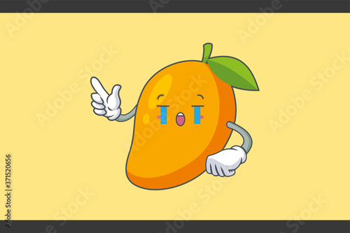 CRYING, SAD, SOB, CRY Face Emotion. Forefinger Hand Gesture. Yellow Mango Fruit Cartoon Drawing Mascot Illustration.