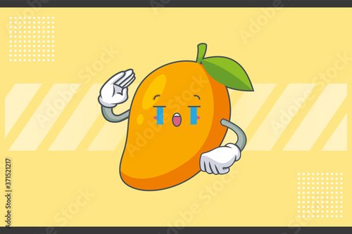 CRYING, SAD, SOB, CRY Face Emotion. Salute Hand Gesture. Yellow Mango Fruit Cartoon Drawing Mascot Illustration.
