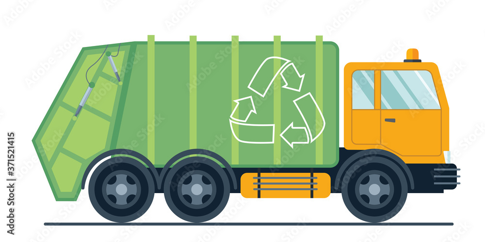 Fototapeta premium Sanitary vehicle garbage front loader truck isolated. Vector urban sanitary vehicle garbage front loader truck. Residential and commercial solid waste collection and transportation.Green garbage truck