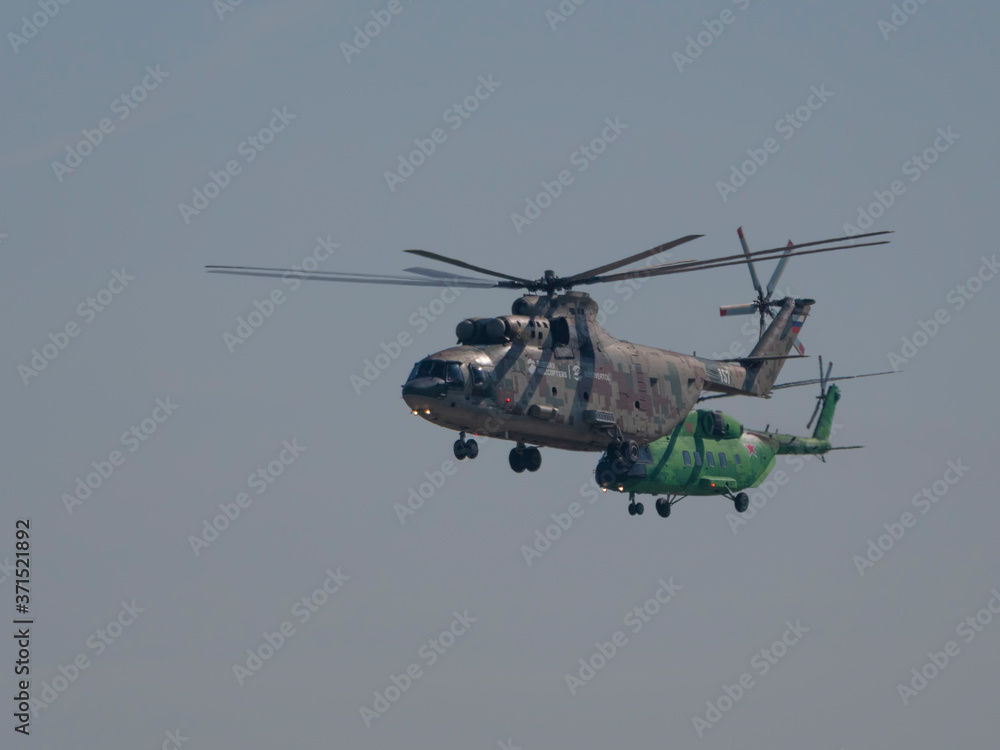 ZHUKOVSKY, RUSSIA - SEPTEMBER 01, 2019: Demonstration of the Mi-26 helicopter of the Russian Air Force at MAKS-2019, Russia ZHUKOVSKY, RUSSIA - SEPTEMBER 01, 2019: Demonstration of the Mi-26 helicopter of the Russian Air Force at MAKS-2019, Russia
