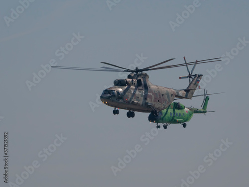 ZHUKOVSKY, RUSSIA - SEPTEMBER 01, 2019: Demonstration of the Mi-26 helicopter of the Russian Air Force at MAKS-2019, Russia