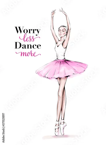 Obraz Hand drawn beautiful dancing woman. Pretty ballerina. Girl in pink point shoes. Ballerina in pink tutu. Beautiful female ballet dancer.