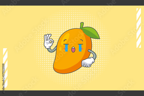 CRYING, SAD, SOB, CRY Face Emotion. OK Nice Hand Gesture. Yellow Mango Fruit Cartoon Drawing Mascot Illustration.