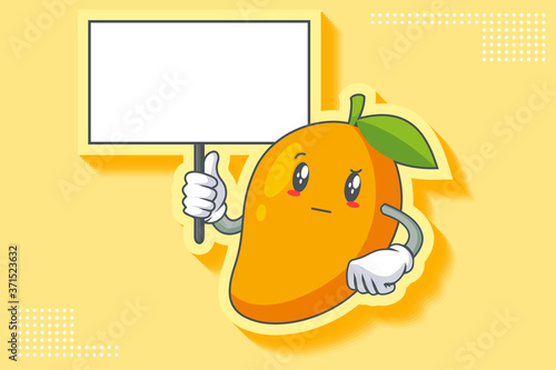 REALLY, ATTENTIVE, CURIOS Face Emotion. Holding Whiteboard Hand Gesture. Yellow Mango Fruit Cartoon Drawing Mascot Illustration.