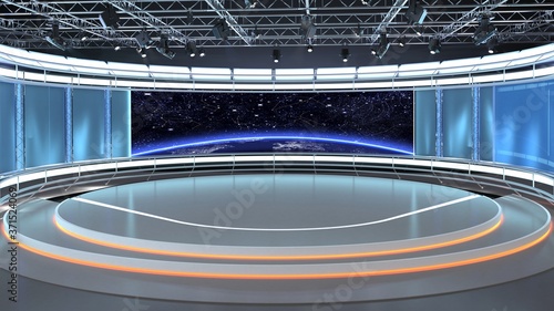 Virtual TV Studio News Set 35-2. 3d Rendering.
Virtual set studio for chroma footage. wherever you want it, With a simple setup, a few square feet of space, and Virtual Set, you can transform any loca photo