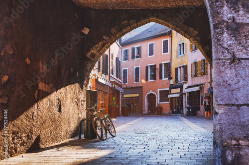 Fototapeta Naklejka Na Ścianę i Meble -  Annecy, France architecture, cozy street with bicycle in Europe, european old town architecture