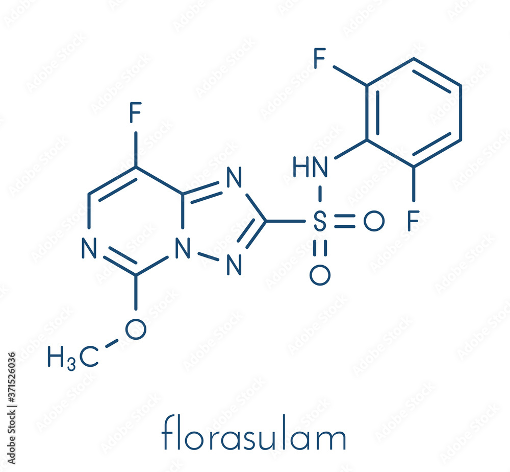 Florasulam herbicide molecule. Skeletal formula. Florasulam herbicide molecule. Skeletal formula.
