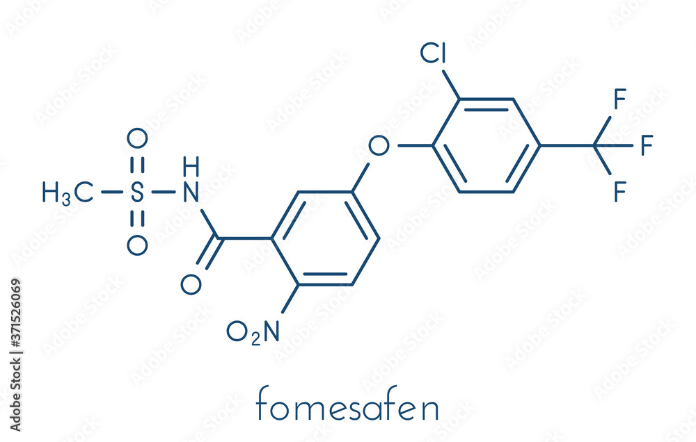 Fomesafen herbicide molecule. Skeletal formula. Fomesafen herbicide molecule. Skeletal formula.