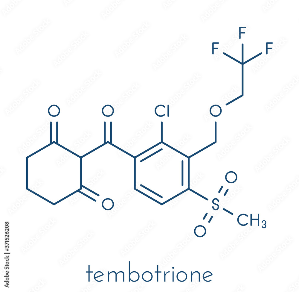 Tembotrione herbicide molecule. Skeletal formula. Tembotrione herbicide molecule. Skeletal formula.