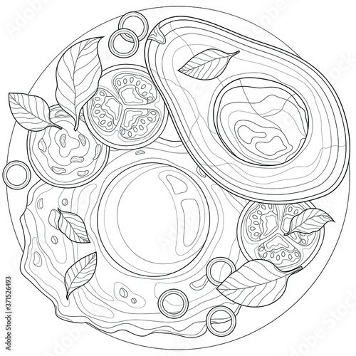 Breakfast. Egg with avocado, sausage and tomato.Coloring book antistress for children and adults. Zen-tangle style.Black and white drawing