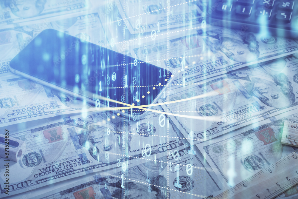 Double exposure of data theme drawing over us dollars bill background. Technology concept. Double exposure of data theme drawing over us dollars bill background. Technology concept.