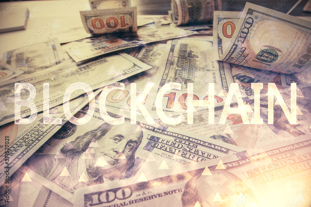 Multi exposure of crypto theme drawing over us dollars bill background. Concept of blockchain success. Multi exposure of crypto theme drawing over us dollars bill background. Concept of blockchain success.