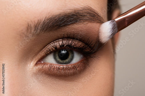 Female open eye close up. Eye makeup for eyebrows and eyelashes. Eyeshadow and powder brush next to her photo
