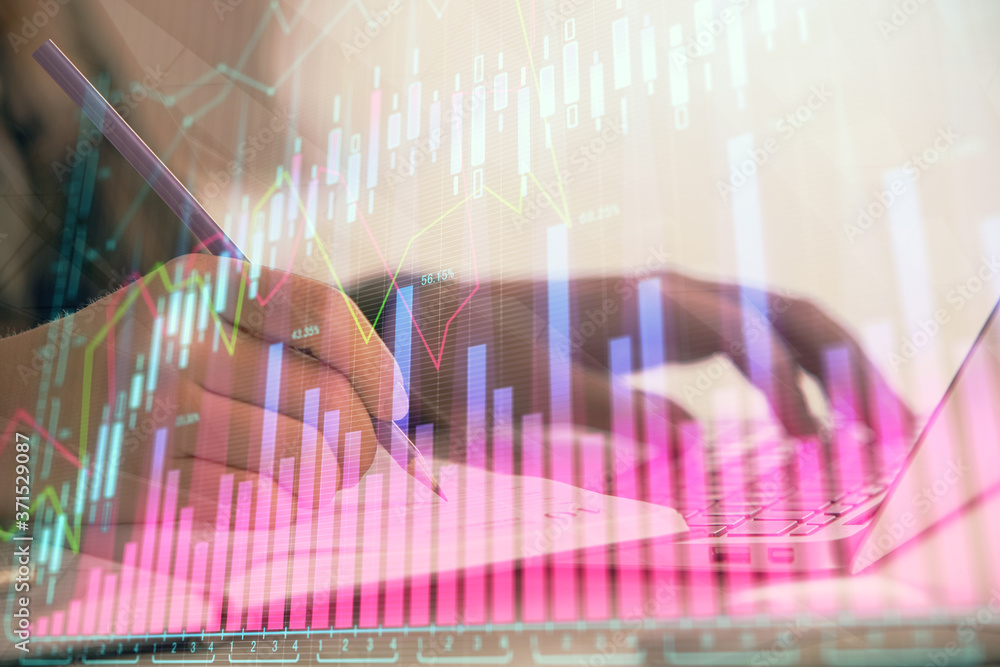 Double exposure of businesswoman hands typing on computer and forex chart hologram drawing. Financial analysis concept. Double exposure of businesswoman hands typing on computer and forex chart hologram drawing. Financial analysis concept.