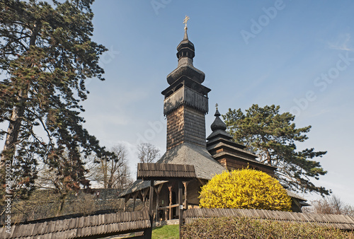 St Michael's wooden church from the Shelestove village, a classic example of folklore Lemko architecture, Uzhhorod, Ukraine.